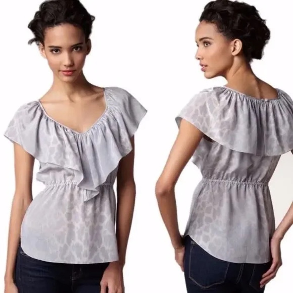 Rebecca Taylor Gray Jaguar V Neck Silk Blouse Size 0